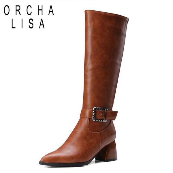 

orcha lisa women knee boots faux leather pointed toe hoof heels bukle side zipper ridding boots solid big size 32-48 autumn, Black