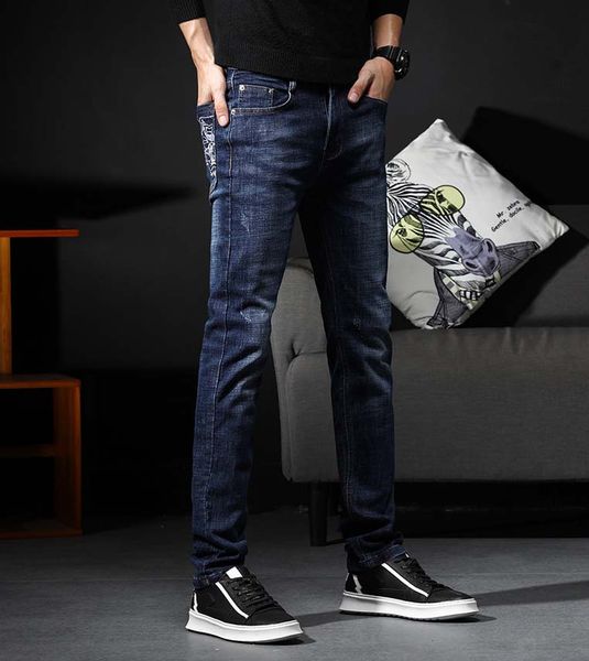 

мужские джинсы повседневная мужчины тонкий прямой жан мужчины европа и америка стиль натяжные джинсы мужские омывается длинные прямые джинсы, Blue