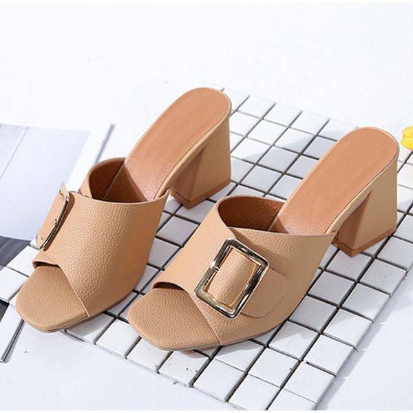 

slippers woman summer high heel shoes pu leather buckle peep toe beach slides female casual ladies slipper square toe sandal new, Black