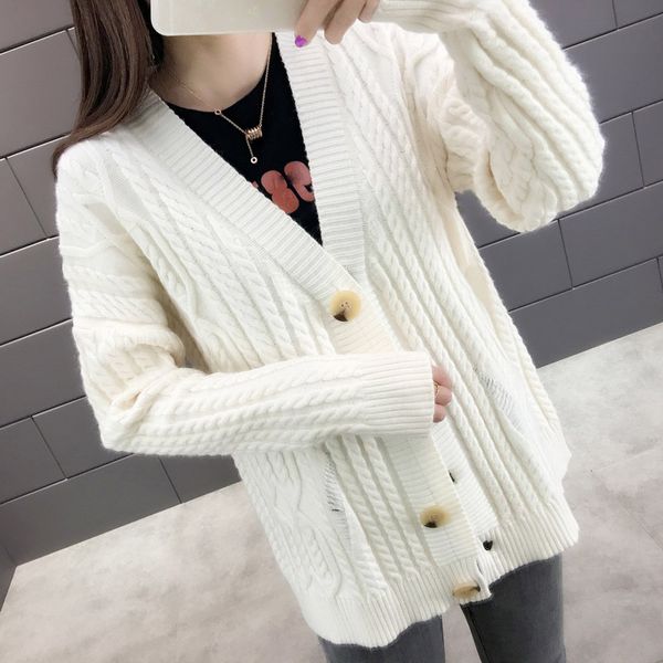 

korean v-neck new arrival cardigans long sleeve women cardigan thick solid female sweater female casual, White;black