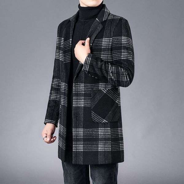 

men's wool & blends coat medium long middle - aged youth plaid casual slim men coats winter overcoat warm, Black