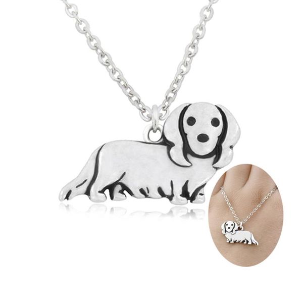 

long hair dachshund & doxie dog puppy pendant initial necklace for women stainless steel long chains dog lover necklace jewelry, Silver