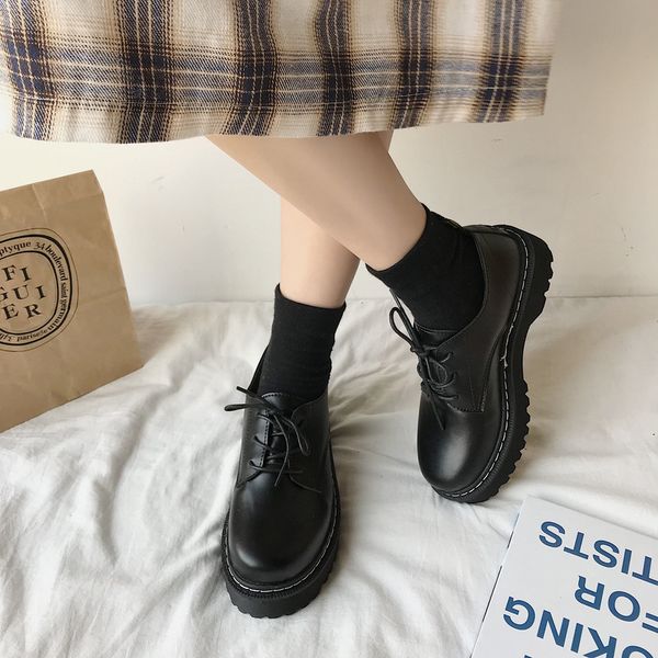

new autumn women shoes solid black leather oxford shoes woman lace up high heels thick bottom flat platform loafers casual