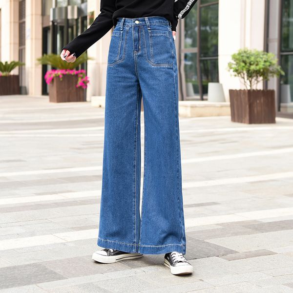 

high waist loose fared wide leg straight jeans for women s  l xl 2xl, Blue