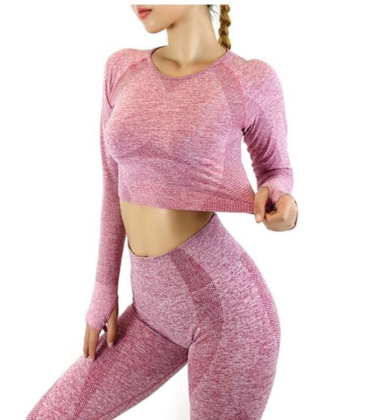 

2020 2 piece gym set women spring autumn long sleeve crop and leggings yoga set fitness clothing casual solid sportswear, White;red