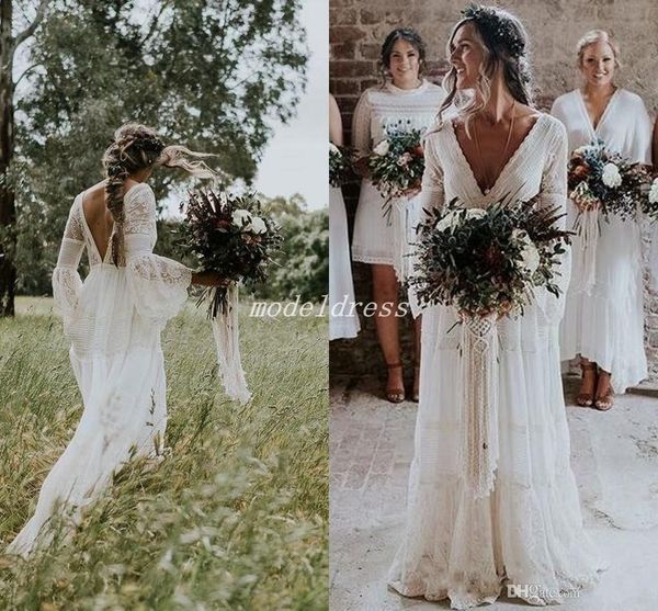 

2020 Bohemian Wedding Dresses V Neck Long Sleeve Lace Sweep Train Beach Boho Garden Country Bridal Gowns robe de mariée Plus Size
