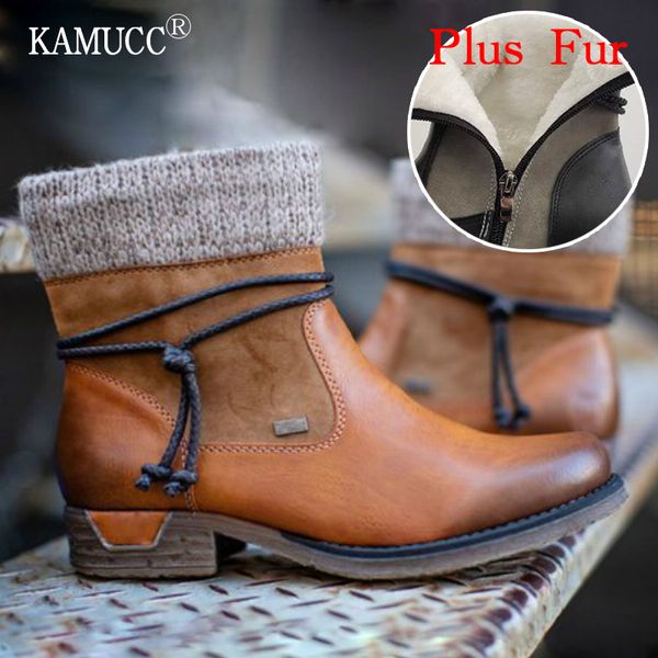 

2020 зимние ботинки женщин основные ботильоны женщина круглый toe zip платформа загрузки женская обувь теплый узелок плюшевые botas mujer, Black