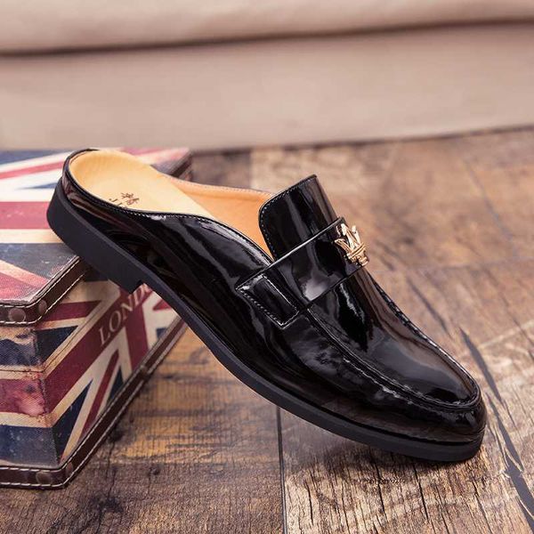 

popular half drag men shoes black white lazy shoes men patent leather casual sneakers man summer half slippers