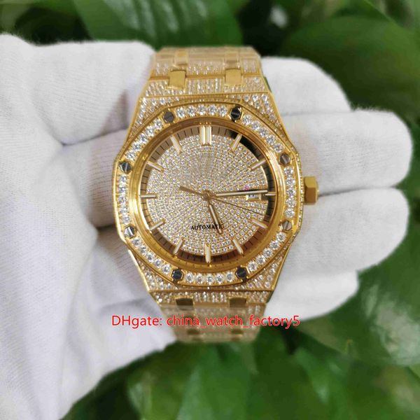 Hot Items Beste Quality Watch 41mm 15502 Volldiamant-Edelstein-Beze-Armband 18 Karat Gelbgold transparent mechanische automatische Herrenuhren