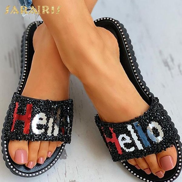 

sarairis новый дизайн оптовая женщина тапочки обувь скольжение на sequined ткань плоский каблук летний кристалл обувь тапочки женщин, Black