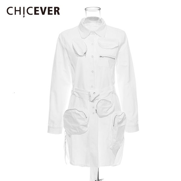

chicever white korean shirt for women lapel collar long sleeve pocket with sashes blouse female 2020 autumn fashion new clothes