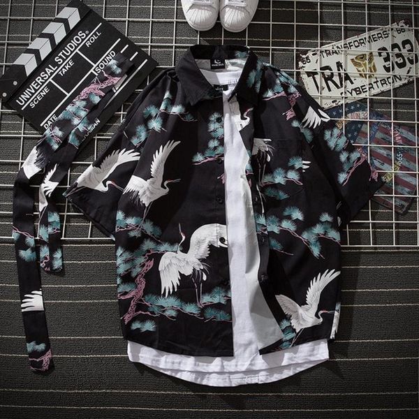 

shirt men streetwear chemise homme summer men shirt print shirts casual short sleeve beach loose casual blouse t529, White;black