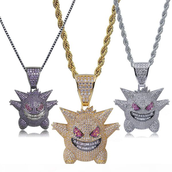 

hip hop bling bling iced out necklace gengar full 3a cubic zircon copper pendant necklace creative hip hop jewelry for men gift, Silver