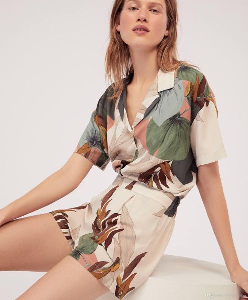 

new palm leaf printing pajamas home wear 2020 summer short sleeved loungewear shorts sleepwear clothes, Black;red