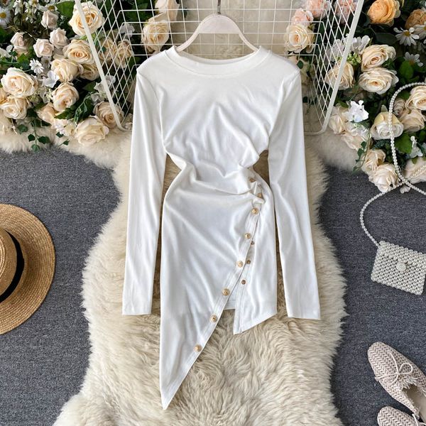 

casual dresses singrain irregular women dress autumn button split long sleeve solid slim party korean ins fashion streetwear 2021, Black;gray