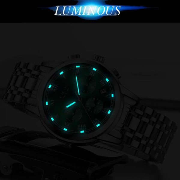 

lige 2020 fashion luminous stainless steel mens watches business chronograph quartz watch relogio masculino, Slivery;brown