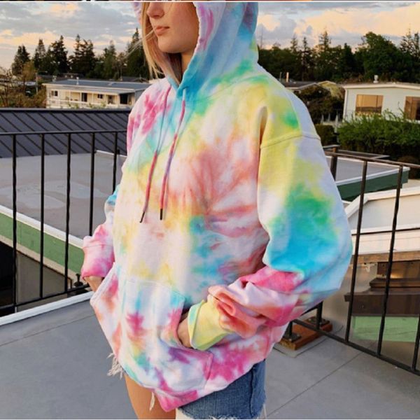 

hooded tie-dye print autumn women's hoodies long sleeve drawstring pockets female sweatshirts 2020 new streetwear ladies hoodie cx20081, Black