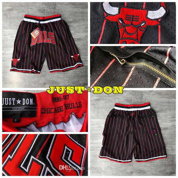 

mens just don pocket basketball shorts stitched 1996-97 black stripes pocket chicago bulls shorts lining mesh sports sweatpants 02, Black;red