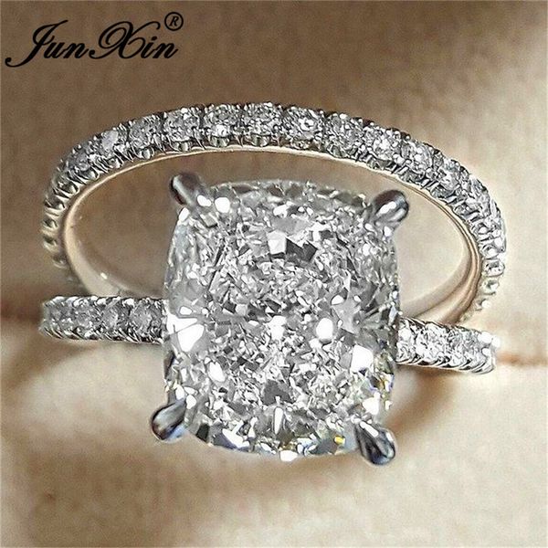 

junxin bling stone square white ring sets for women silver color big zircon stackable double ring set female engagement, Golden;silver