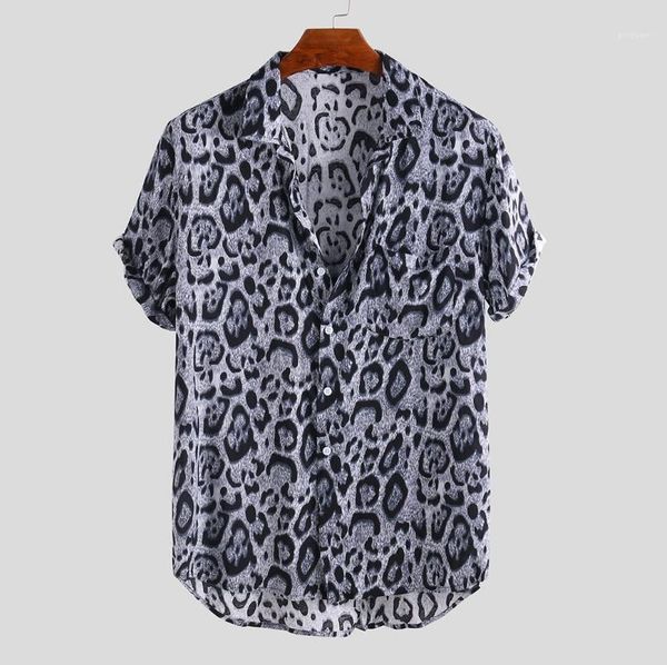 

leopard printed loose short sleeve lapel neck shirt summer mens shirts casual style mens designer shirts fashion, White;black