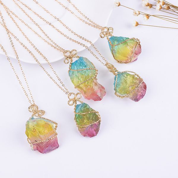 

cute rainbow natural stone pendant necklace fashion rock necklace gold color chain long for women gift, Silver