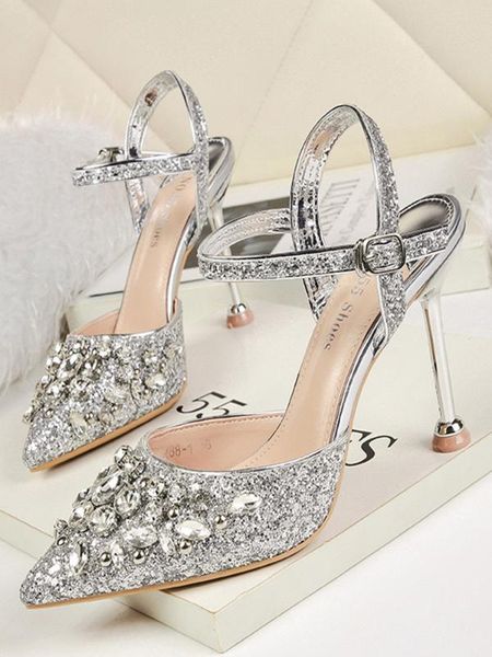 

european beauty pointed shallow mouth sequins rhinestone fine temperament nightclub high heel sandals, Black