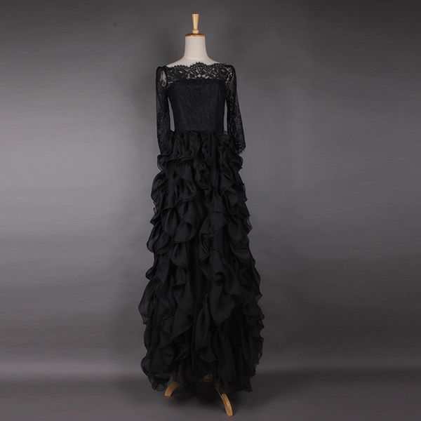 

2020 spring fashion black perspective lace embroidery lantern three quarter sleeve elegant floor-lengh dress, Black;gray