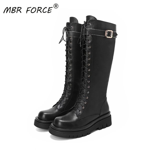 

mbr force new genuine leather british style height increased classic knee high boots shoes women ladies motorcycle boots lace up, Black