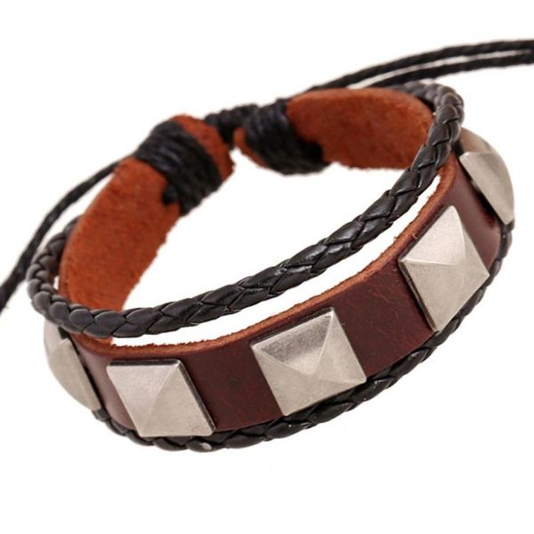 

fashion punk alloy beads charm wrap bracelet brown genuine leather retro bangle casual braided wristbands vintage jewelry, Golden;silver