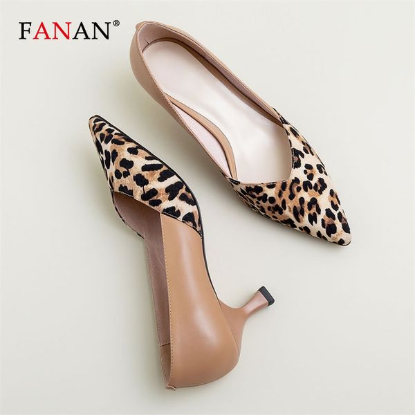 

fanan ladies shoes leopard mixed color genuine leather high heel pumps women shoes women basic pump heels 2020 party, Black