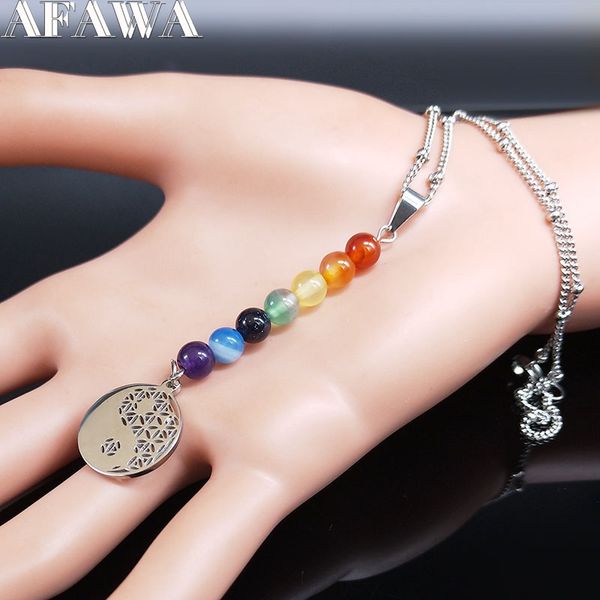 

pendant necklaces natural stone stainless steel statement necklace multicolor yoga tai chi gossip flower of life jewelry bisuteria n20106, Silver
