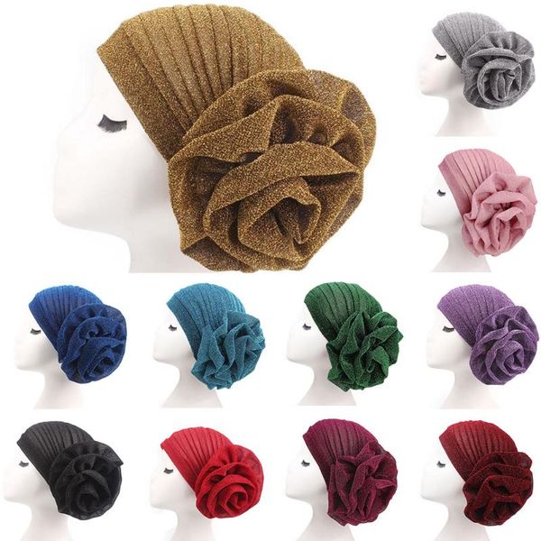 

glitter bling muslim turban hat india cap big flower wedding party solid golden charms lady gentle headwrap, Blue;gray