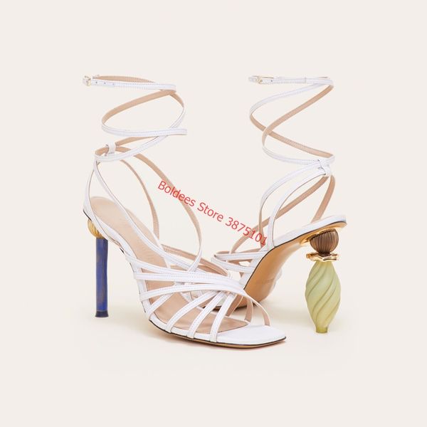 

asymmetrical thin heel sandals woman narrow band open toe strap heels strange heel sandals women, Black