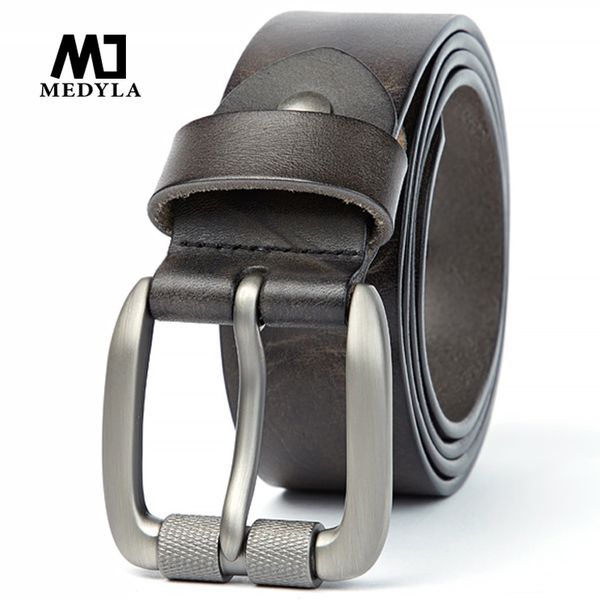 

medyla men's belt vegetable tanned layer leather belt pin buckle washed retro denim pants belt t200511, Black;brown