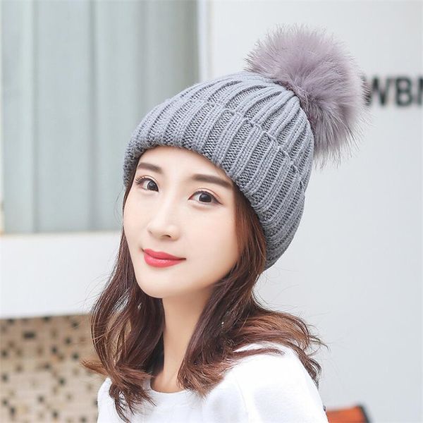 

new pompoms winter hat for women fashion solid warm hats knitted beanies cap brand thick female cap wholesale, Blue;gray