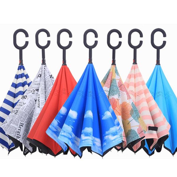 

creative reverse folding inverted umbrellas double layer with c handle inside out reverse windproof umbrella sunny rainy umbrella dbc vt0387