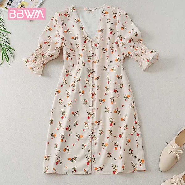 

pink floral single-breasted slim waist western style female dress v-neck short french sweet chic women's dresses 2020, Black;gray
