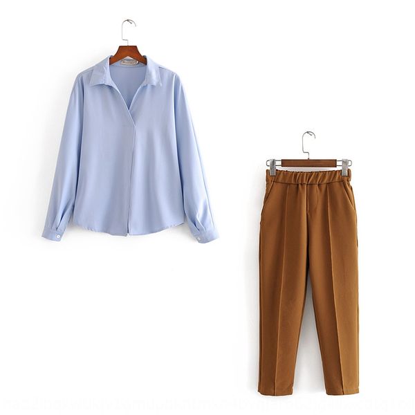 

h0320 брюки pantsshirt случайных pantswomen 20 новой игровая отворот рубашки с длинным рукавом упругой талией случайного костюма брюки для ж, Gray