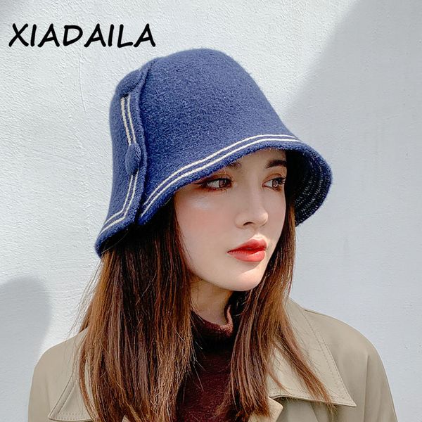 

stingy brim hats female fisherman hat autumn and winter all-match cute button design fashion wide basin bucket, Blue;gray
