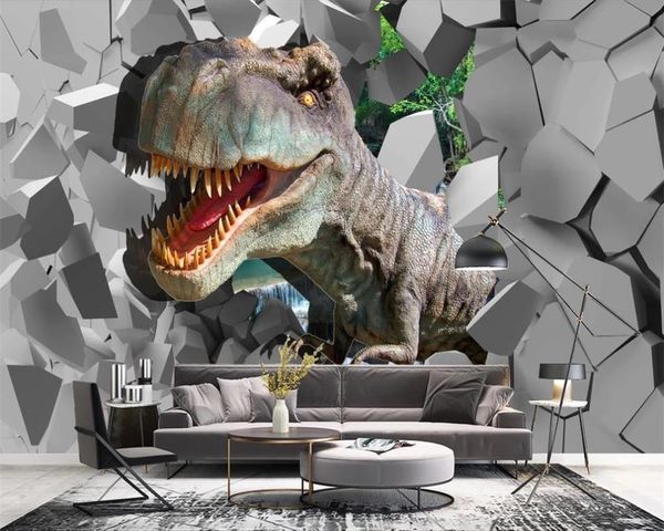 3d Wallpaper Modern realista parede quebrada Dinosaur Stereo fundo da pintura da parede dos desenhos animados de animais em 3D 3D Wallpaper Digital Imprimir Wallpaper