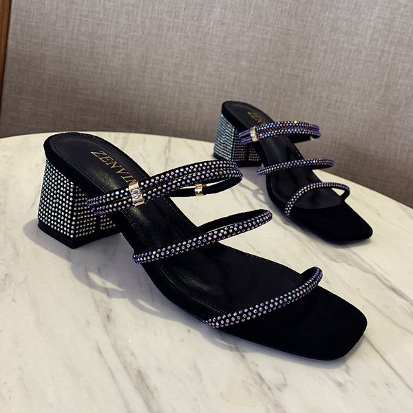 

2020 spring and summer new fashion rhinestones square head thick heel sandals women high heel women shoes, Black