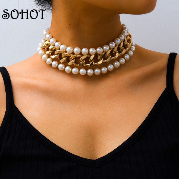 

sohot ins гипербола многослойной имитация pearl wide сеть женщины choker ожерелье chic модной женская партия ювелирные изделия, Golden;silver