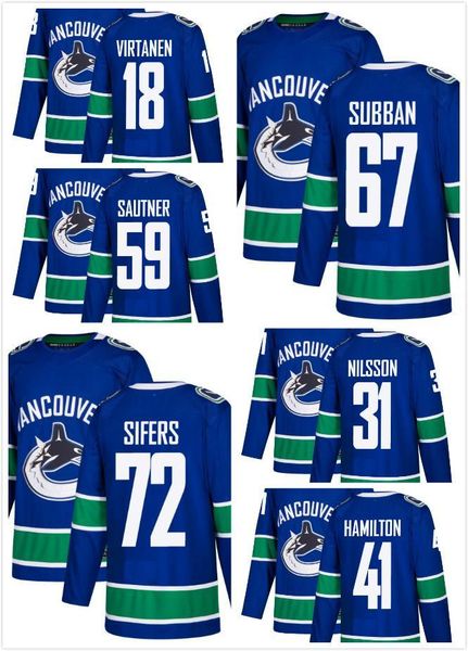 

ad vancouver canucks men jake virtanen subban 59 ashton sautner 72 jaime sifers 31 anders nilsson wacey hamilton hockey jersey, Black;red
