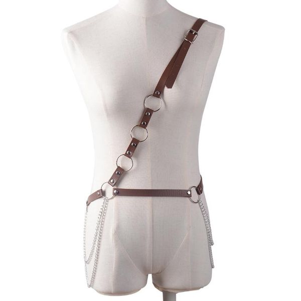 

women faux leather ladies harness waist belts goth punk clothing body bondage chains, Slivery;golden