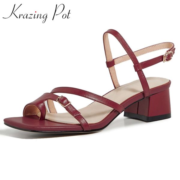 

krazing pot limited customization handmade genuine leather flip-flop med heel young lady fashion summer sandals l51, Black