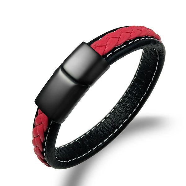 

red black handmade woven leather bracelet fashion sports men's jewelry gifts high-quality stainless steel magnet clasp bracelets, Golden;silver