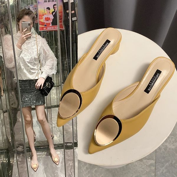 

shoes woman 2020 low cover toe woman's slippers loafers female mule square heel new pointed mules block pu rubber buckle strap, Black