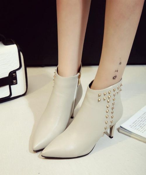 

med heel boots brand women's shoes leather booties platform rivets fashion rubber genuine pointy large size mid, Black