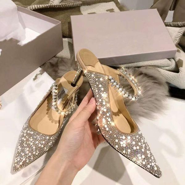 

koovan women's wedding pumps 2020 new pearl rhinestone pointed sandals wear sequined bridesmaid slipper high heels women shoes, Black