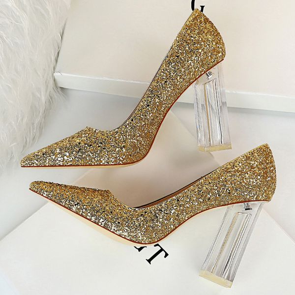 

2020 plus size 43 women 10cm high heels lady scarpins gold silver block clear heels pumps lady wedding transparent chunky shoes, Black